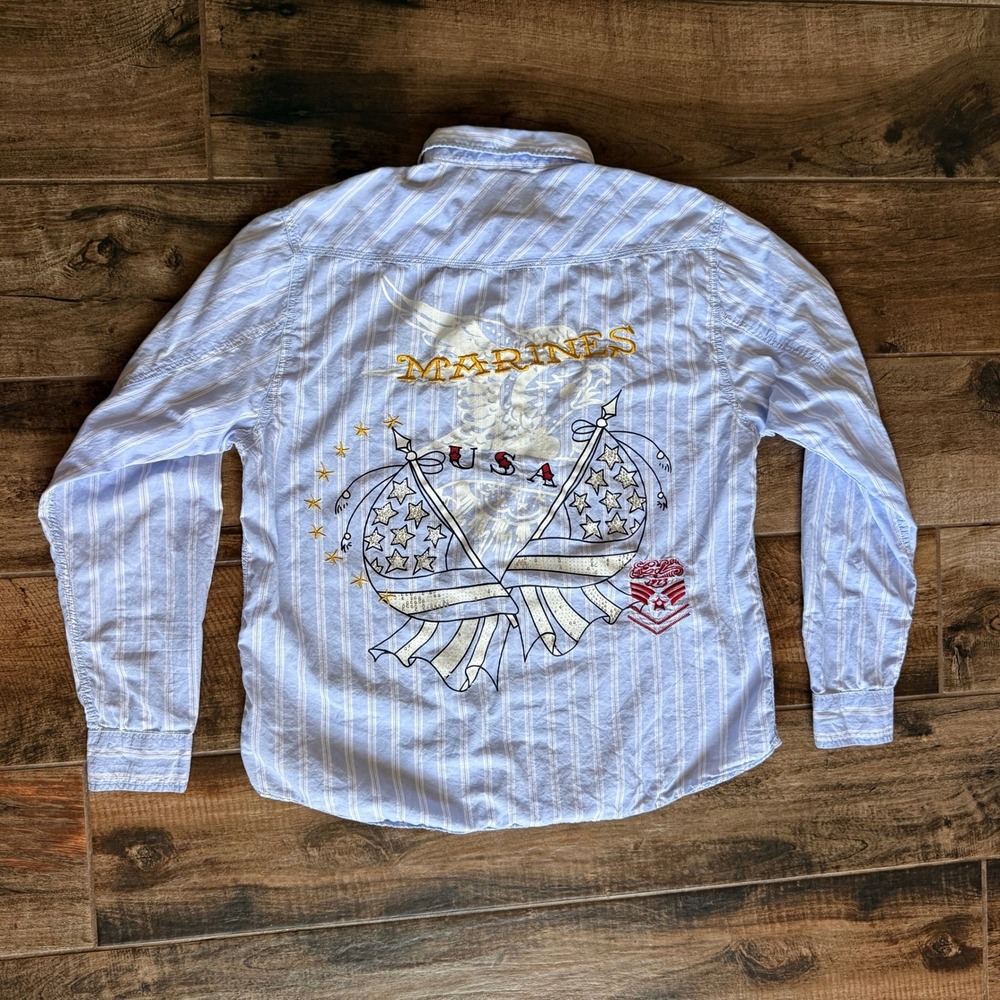 Ed Hardy Vintage‎ Men's Western Marines Bling Stripes Snap LS Shirt, Blue,XL